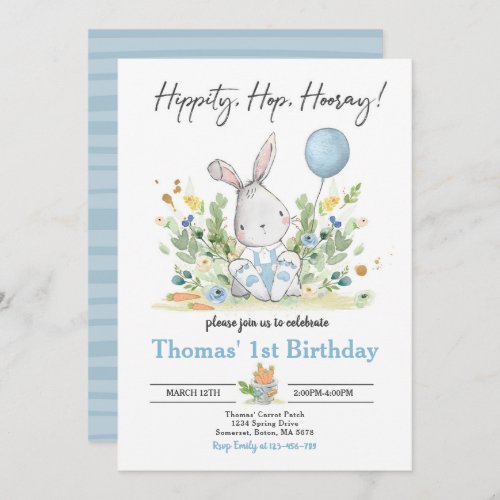 Bunny Birthday Party Blue Bunny Easter Birthday Invitation