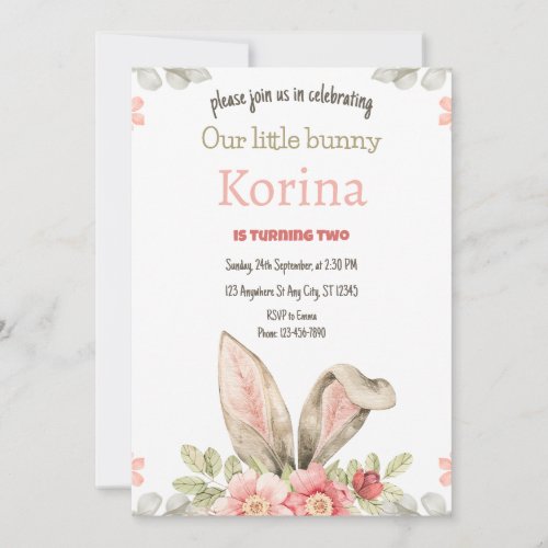 Bunny Birthday Party Invitation pink floral 