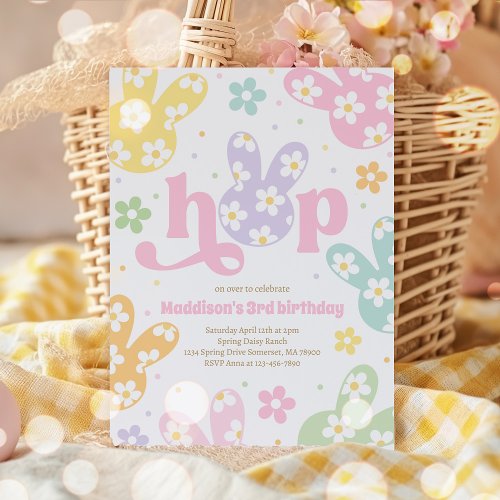 Bunny Birthday Pastel Daisy Floral Spring Party Invitation