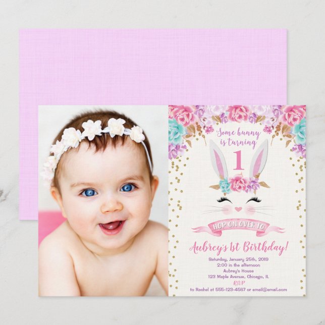 Bunny birthday photo invitation pink and gold 1st (Front/Back)