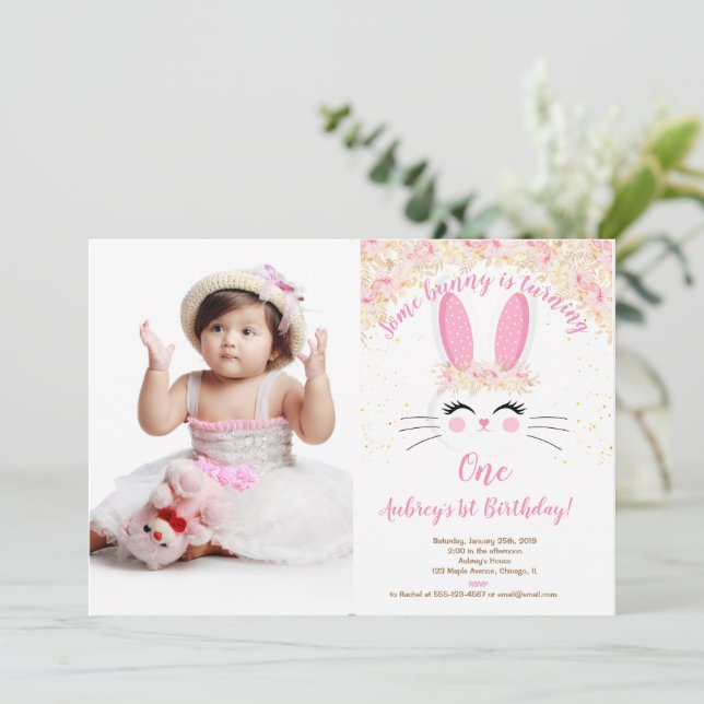 Bunny birthday photo invitation pink and gold 1st (Standing Front)