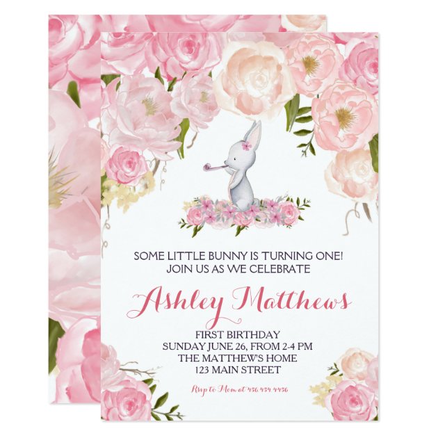 Bunny Birthday Pink Beautiful Floral Invitation, Card