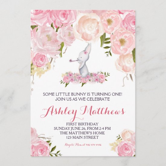 Bunny birthday pink Beautiful Floral Invitation Invitation