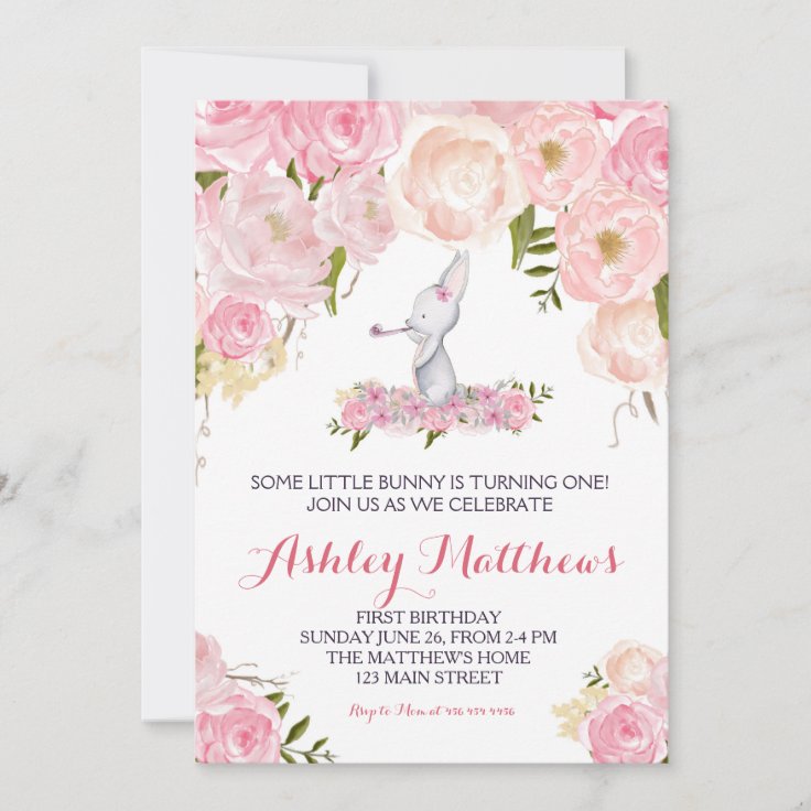 Bunny birthday pink Beautiful Floral Invitation, Invitation | Zazzle