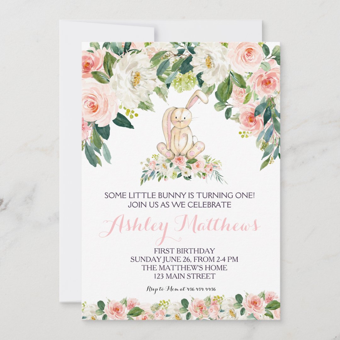 Bunny birthday pink Beautiful Floral Invitation, Invitation | Zazzle