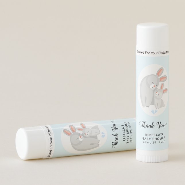 Bunny blue baby boy shower Thank You favor Lip Balm (Front)