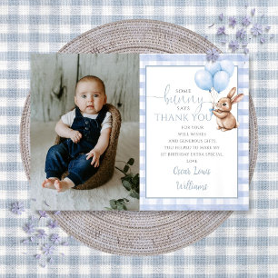 Bunny Blue Balloons Photo 1st Birthday Party Thank You Card