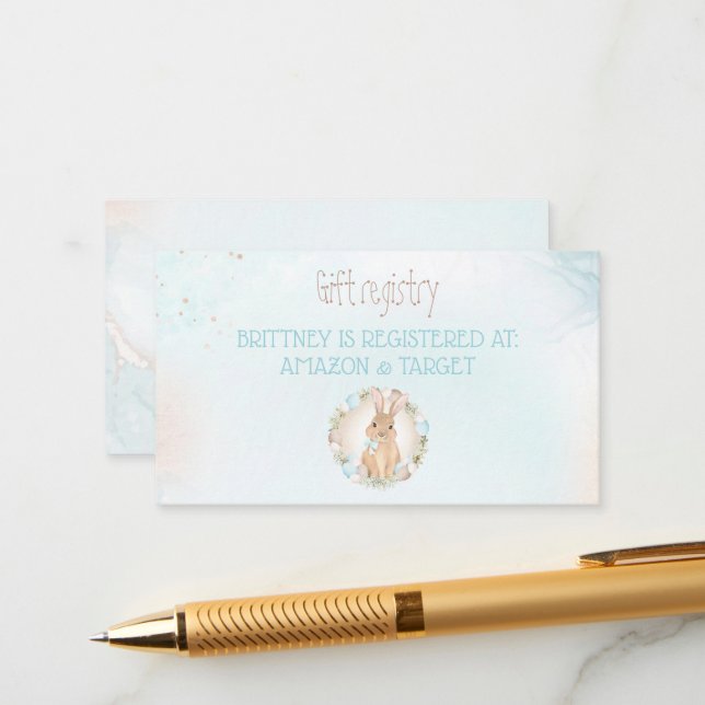 Bunny Blue Boy Baby Shower Gift Registry Card (Front/Back In Situ)