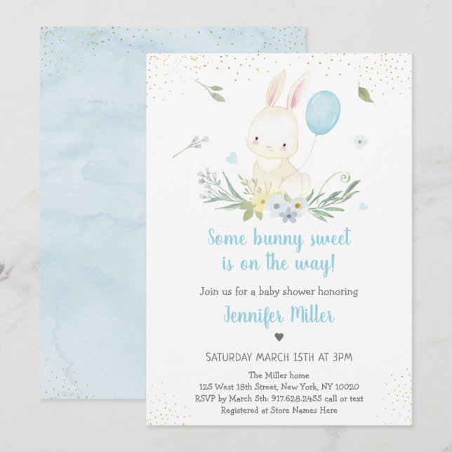 Bunny Blue Boy Greenery Baby Shower Invitation (Front/Back)