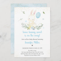 Bunny Blue Boy Greenery Baby Shower Invitation