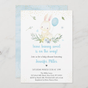 Bunny Blue Boy Greenery Baby Shower Invitation
