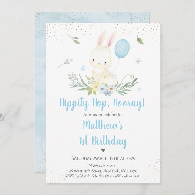 Bunny Blue Boy Greenery Birthday Invitation (Front/Back)