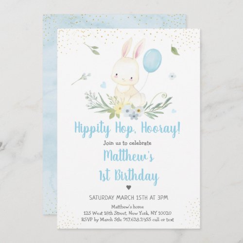 Bunny Blue Boy Greenery Birthday Invitation