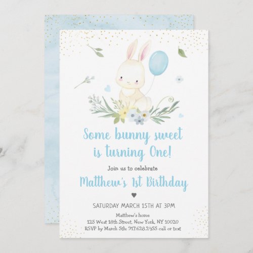 Bunny Blue Boy Greenery Birthday Invitation