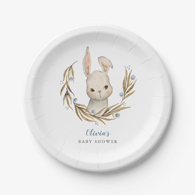 Bunny Blue Floral Baby Shower Paper Plates (Front)