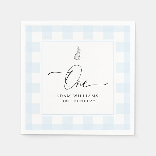 Bunny Blue Gingham First Birthday Paper Napkin (Front)