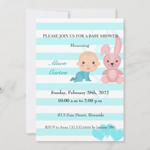 Bunny  blue stripes boy baby shower invitation
