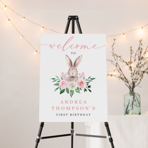 Bunny Blush Pink Floral First Birthday Welcome Foam Board