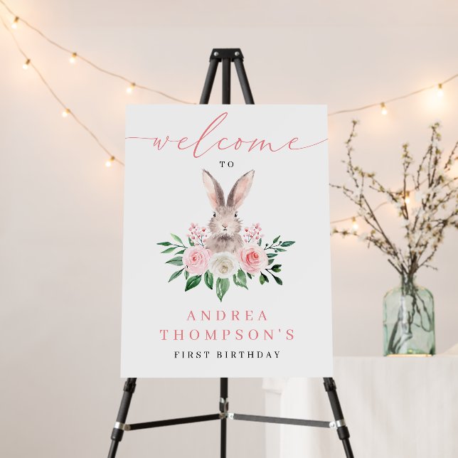 Bunny Blush Pink Floral First Birthday Welcome Foam Board (In Situ (Stand))