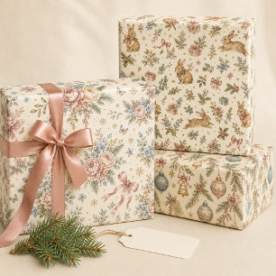 Bunny Blush Winter Floral Vintage Ornament Wrapping Paper Sheets