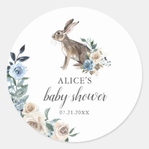 Bunny Boho Dusty Blue Beige Flowers Baby Shower Classic Round Sticker