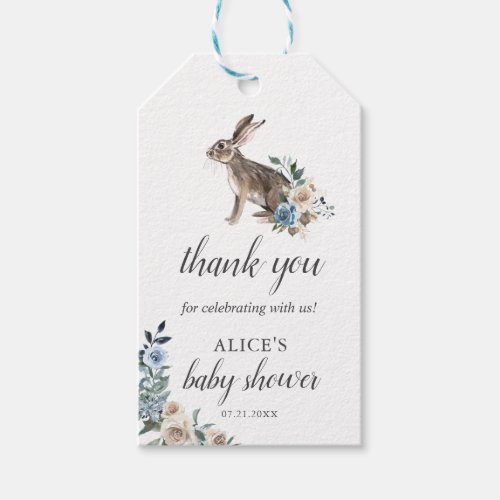 Bunny Boho Dusty Blue Flowers Baby Shower Gift Tag