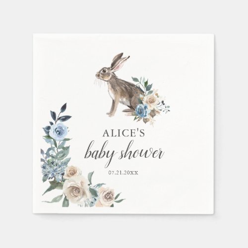 Bunny Boho Dusty Blue Flowers Baby Shower Napkins