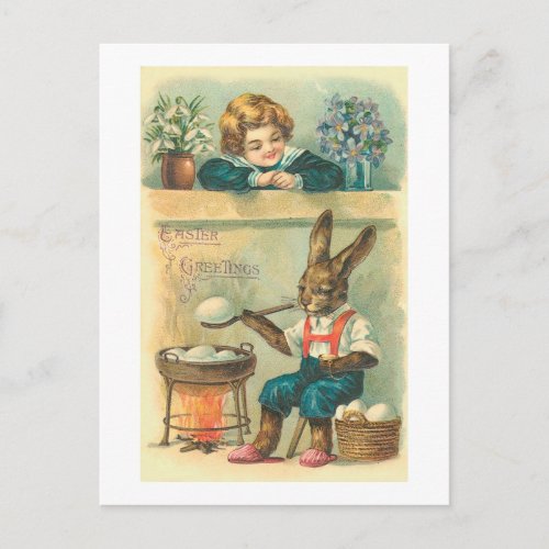 Bunny Boiling Easter Eggs Vintage Easter Holiday Postcard