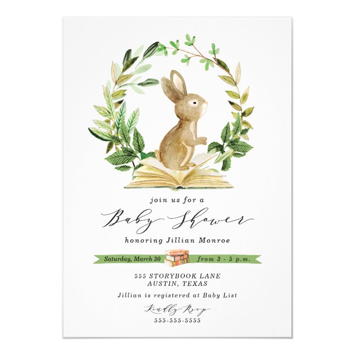 bunny book themed baby shower invitation greenery  zazzle