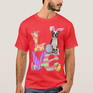 Bunny Boston Terrier Dog Happy Easter Eggs Tree T-Shirt