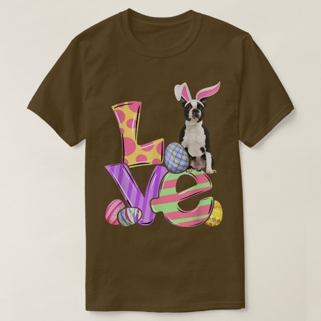 Bunny Boston Terrier Dog Happy Easter Eggs Tree  T-Shirt (Design Front)