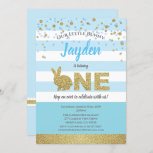 Bunny boy 1st birthday invitation blue and gold