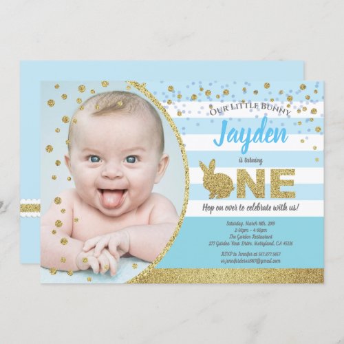 Bunny boy 1st birthday photo invitation blue