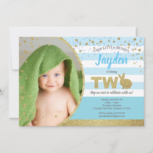 Bunny boy 2nd birthday photo invitation in blue (Front)