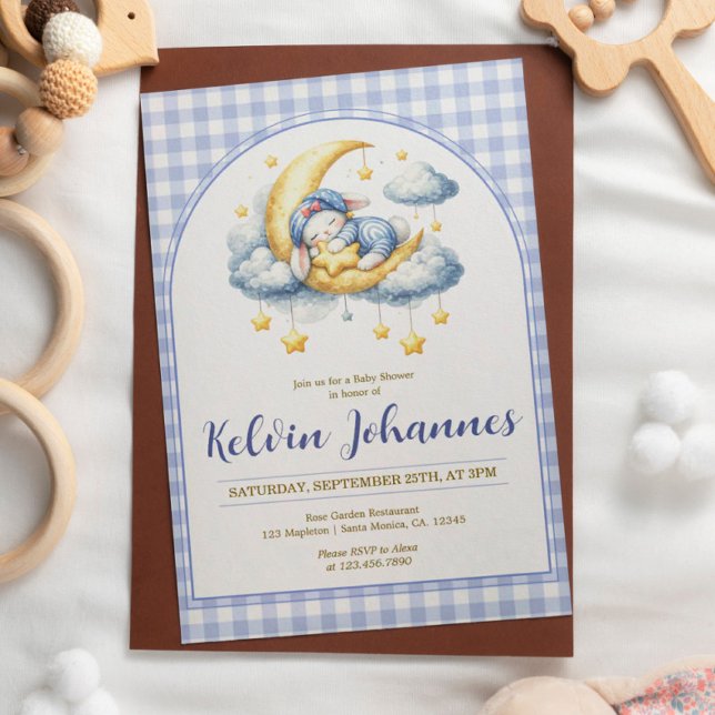  Bunny Boy Moon Star Gingham Blue Baby Shower Invitation (Creator Uploaded)