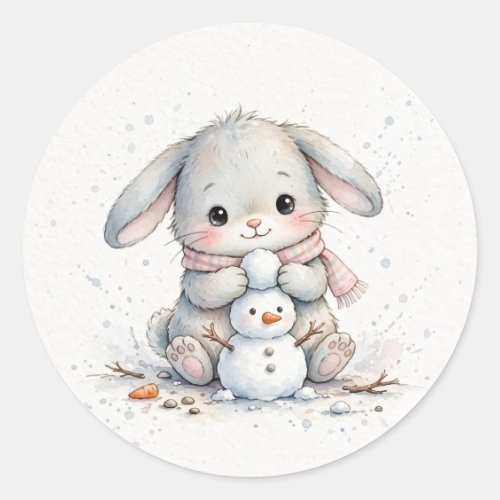 Bunny Building a Snowman Christmas Classic Round Sticker