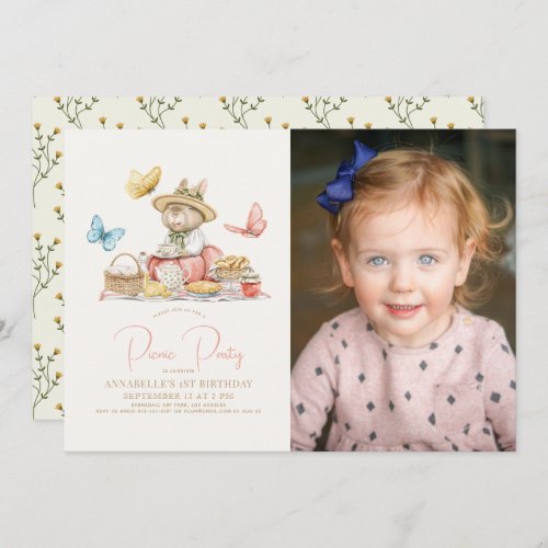 Bunny  Butterflies Picnic Girl 1st Birthday Photo Invitation