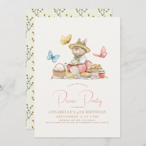 Bunny  Butterflies Picnic Tea Party Girl Birthday Invitation