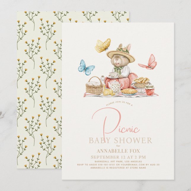 Bunny & Butterflies Tea Party Picnic Baby Shower Invitation (Front/Back)