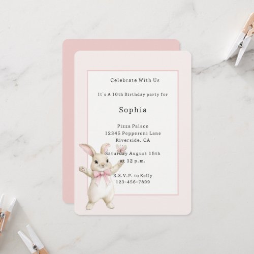 Bunny Butterfly Blush Pink Birthday Invitation