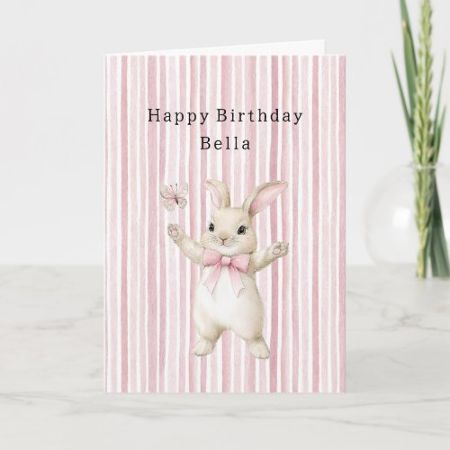 Bunny Butterfly Blush Pink Stripes Birthday Card