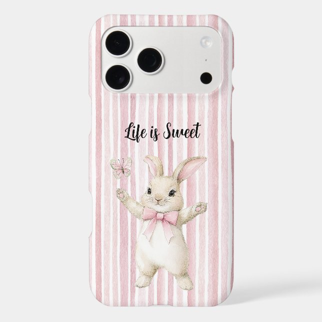 Bunny Butterfly Blush Pink Stripes iPhone Case (Back)