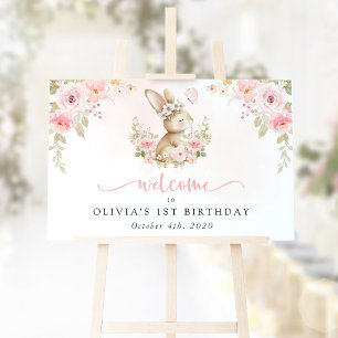 Bunny, Butterfly, Flowers, First Birthday Welcome Poster