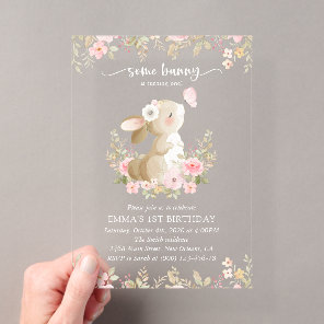 Bunny, Butterfly, Pink Flowers, First Birthday Acrylic Invitations