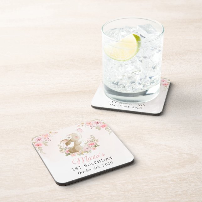 Bunny, Butterfly, Pink Flowers, First Birthday Beverage Coaster (Right Side)