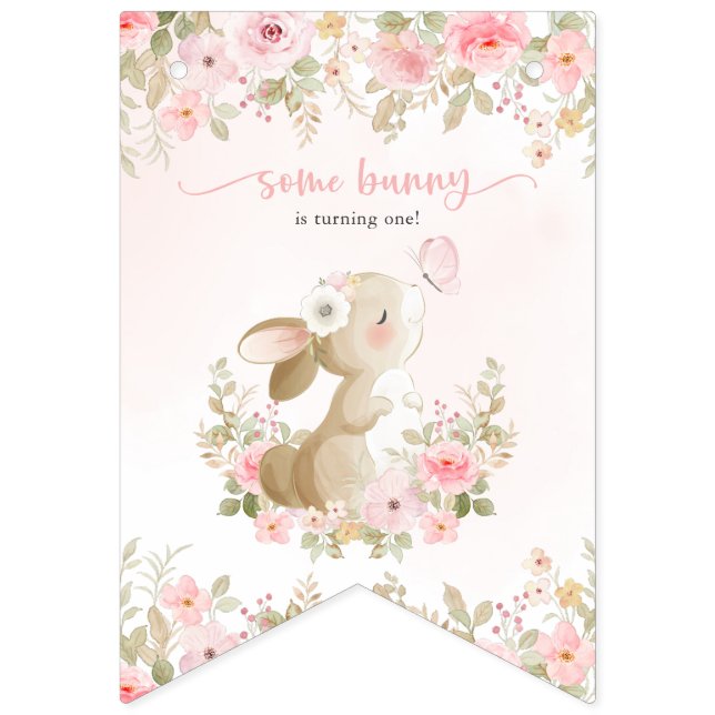 Bunny, Butterfly, Pink Flowers, First Birthday Bunting Flags (Sixteenth Flag)