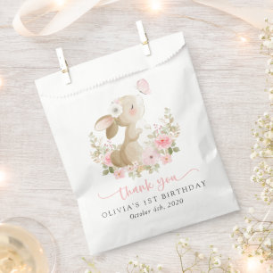 Bunny, Butterfly, Pink Flowers, First Birthday Favor Bag