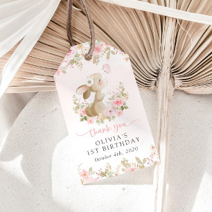 Bunny, Butterfly, Pink Flowers, First Birthday Gift Tags