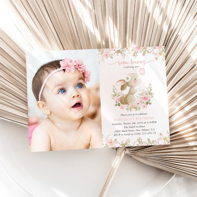 Bunny, Butterfly, Pink Flowers, First Birthday Invitation (Creator Uploaded)