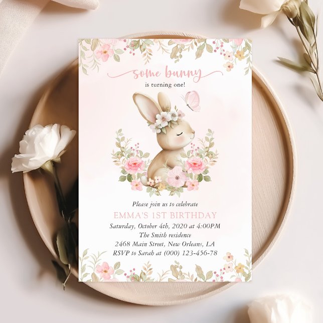 Bunny, Butterfly, Pink Flowers, First Birthday Invitation (Creator Uploaded)